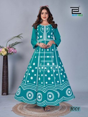 Blue Hills Rashmika 14kg Rayon Printed With Work Long Gown Kurti Buy Wholesale Rate in Surat  kurtis catalogs