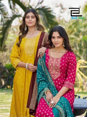 Blue Hills Riya Rayon Foil Print Anarkali Gown with Chanderi Dupatta fancy Anarkali suit catalogs