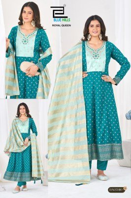 Blue Hills Royal Queen Rayon Foil Embroidered Kurti Pant with Chanderi Dupatta readymade suit catalogs