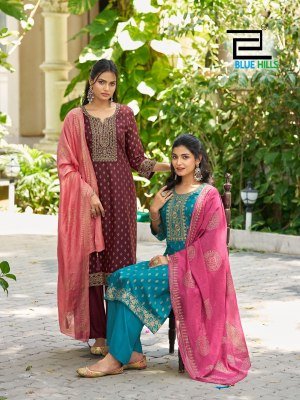 Blue Hills Saloni Rayon Embroidered Kurti Set with Chanderi Dupatta (M–10XL) Fancy Palazzo suit catalogue
