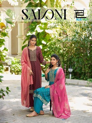 Blue Hills Saloni Rayon Embroidered Kurti Set with Chanderi Dupatta (M–10XL) Fancy Palazzo suit catalogue
