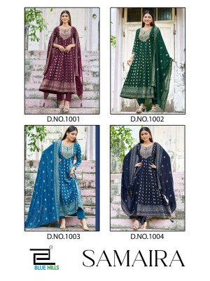 Blue Hills Samaira Heavy Chanderi Foil Print Rayon Suit with Neck Zari Embroidery And Accessories Dupatta Wholesale kurtis catalogs