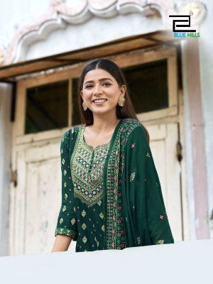 Blue Hills Samaira Heavy Chanderi Foil Print Rayon Suit with Neck Zari Embroidery And Accessories Dupatta Wholesale kurtis catalogs