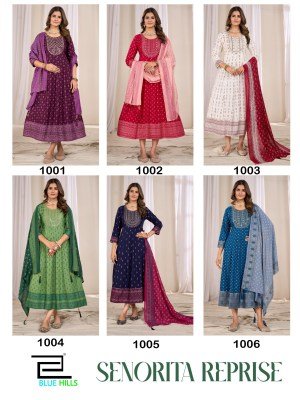 Blue Hills Senorita Reprise Anarkali Gown with Dupatta Rayon Foil Print Kurti with Chanderi Foil Print Dupatta Kurti Wholesale kurti pant with dupatta Catalogs