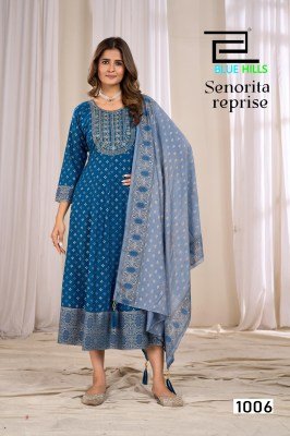Blue Hills Senorita Reprise Anarkali Gown with Dupatta Rayon Foil Print Kurti with Chanderi Foil Print Dupatta Kurti Wholesale kurti pant with dupatta Catalogs