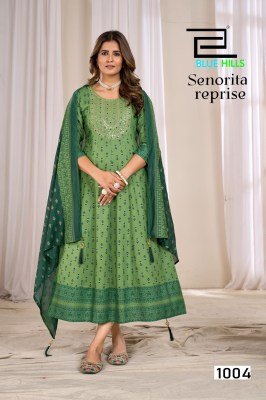 Blue Hills Senorita Reprise Anarkali Gown with Dupatta Rayon Foil Print Kurti with Chanderi Foil Print Dupatta Kurti Wholesale kurti pant with dupatta Catalogs