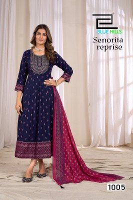 Blue Hills Senorita Reprise Anarkali Gown with Dupatta Rayon Foil Print Kurti with Chanderi Foil Print Dupatta Kurti Wholesale kurti pant with dupatta Catalogs