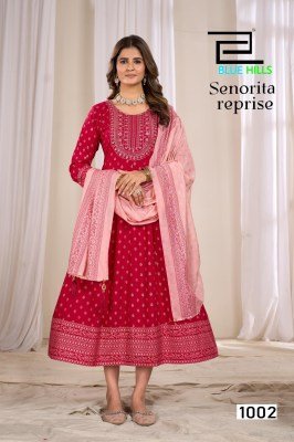 Blue Hills Senorita Reprise Anarkali Gown with Dupatta Rayon Foil Print Kurti with Chanderi Foil Print Dupatta Kurti Wholesale kurti pant with dupatta Catalogs