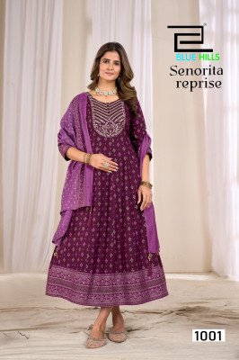 Blue Hills Senorita Reprise Anarkali Gown with Dupatta Rayon Foil Print Kurti with Chanderi Foil Print Dupatta Kurti Wholesale kurti pant with dupatta Catalogs