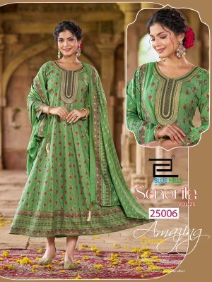 Blue Hills Senorita Vol 25 Festive Anarkali Gown Rayon Foil Print with Chanderi Foil Print Dupatta Wholesale gown catalogs