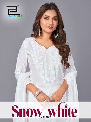 Blue Hills Snow White Vol 3 Designer Rayon Top Palazzo Set with Embroidered Naznin Dupatta Wholesale kurtis catalogs