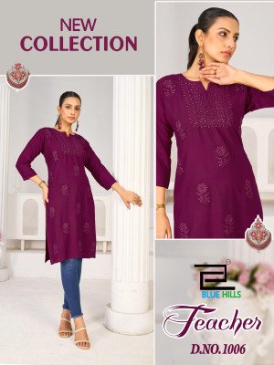 Blue Hills Teacher Festival Wear Rayon Kurti with Sequence And Tone Embroidery Wholesale kurtis catalogs