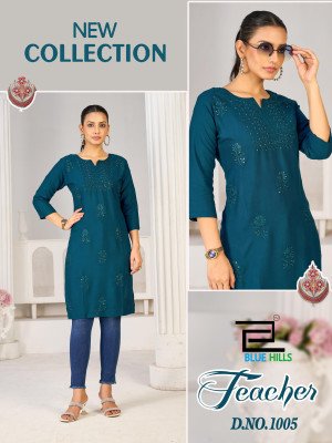 Blue Hills Teacher Festival Wear Rayon Kurti with Sequence And Tone Embroidery Wholesale kurtis catalogs
