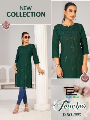 Blue Hills Teacher Festival Wear Rayon Kurti with Sequence And Tone Embroidery Wholesale kurtis catalogs