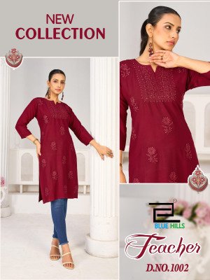 Blue Hills Teacher Festival Wear Rayon Kurti with Sequence And Tone Embroidery Wholesale kurtis catalogs