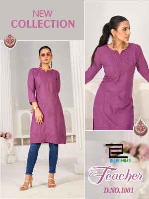 Blue Hills Teacher Festival Wear Rayon Kurti with Sequence And Tone Embroidery Wholesale kurtis catalogs