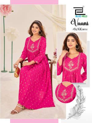 Blue Hills Vaani Kurti Catalogs Rayon Foil Print Kurti Gown with Neck Cording Embroidery Wholesale kurtis catalogs