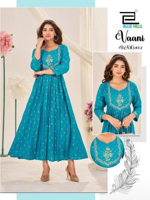 Blue Hills Vaani Kurti Catalogs Rayon Foil Print Kurti Gown with Neck Cording Embroidery Wholesale kurtis catalogs