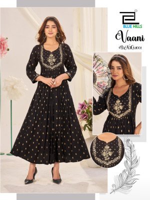 Blue Hills Vaani Kurti Catalogs Rayon Foil Print Kurti Gown with Neck Cording Embroidery Wholesale kurtis catalogs