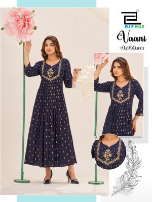 Blue Hills Vaani Kurti Catalogs Rayon Foil Print Kurti Gown with Neck Cording Embroidery Wholesale kurtis catalogs