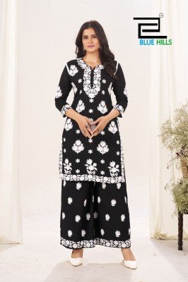 Blue Hills Victoria Vol 18 Black And White Rayon Threadwork Top And Palazzo Set Wholesale kurtis catalogs