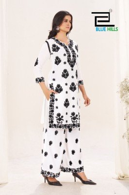 Blue Hills Victoria Vol 18 Black And White Rayon Threadwork Top And Palazzo Set Wholesale kurtis catalogs