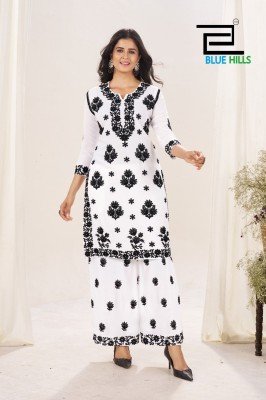 Blue Hills Victoria Vol 18 Black And White Rayon Threadwork Top And Palazzo Set Wholesale kurtis catalogs