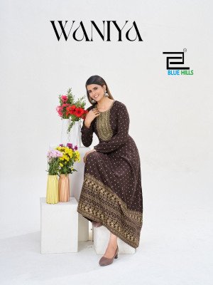 Blue Hills Waniya Rayon Foil Print Anarkali Gown with Neck Embroidery 