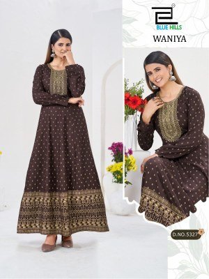Blue Hills Waniya Rayon Foil Print Anarkali Gown with Neck Embroidery fancy Anarkali suit catalogs