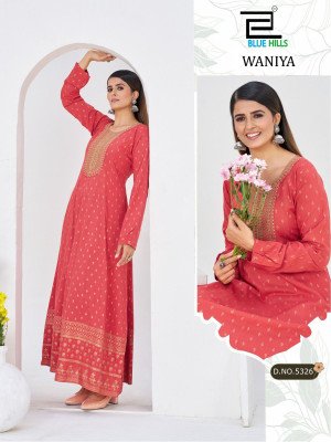 Blue Hills Waniya Rayon Foil Print Anarkali Gown with Neck Embroidery fancy Anarkali suit catalogs