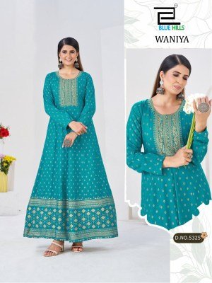 Blue Hills Waniya Rayon Foil Print Anarkali Gown with Neck Embroidery fancy Anarkali suit catalogs