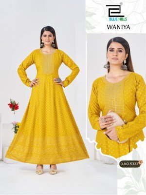 Blue Hills Waniya Rayon Foil Print Anarkali Gown with Neck Embroidery fancy Anarkali suit catalogs