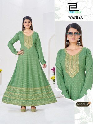 Blue Hills Waniya Rayon Foil Print Anarkali Gown with Neck Embroidery fancy Anarkali suit catalogs