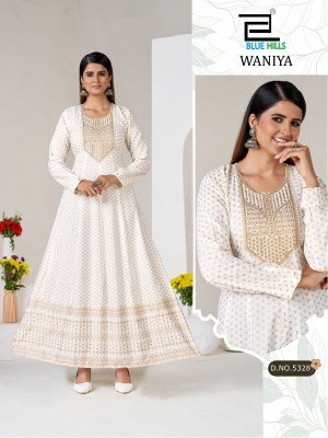 Blue Hills Waniya Rayon Foil Print Anarkali Gown with Neck Embroidery fancy Anarkali suit catalogs