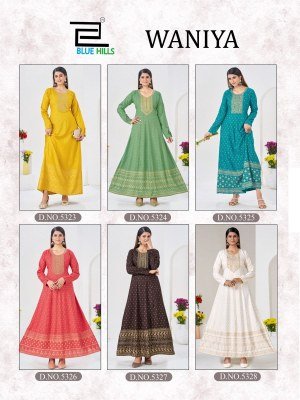 Blue Hills Waniya Rayon Foil Print Anarkali Gown with Neck Embroidery fancy Anarkali suit catalogs