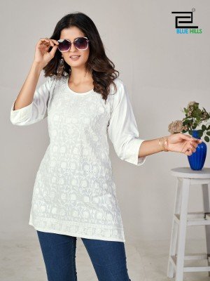 Blue Hills Womens Chikankari Embroidered Short Kurti Heavy Rayon Designer Festive Wear Wholesale kurtis catalogs