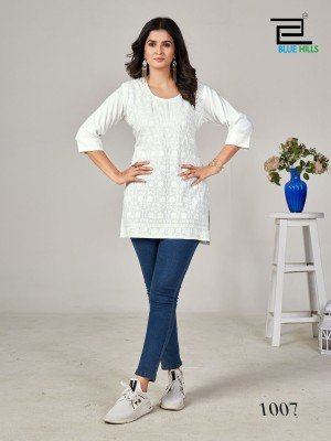 Blue Hills Womens Chikankari Embroidered Short Kurti Heavy Rayon Designer Festive Wear Wholesale kurtis catalogs