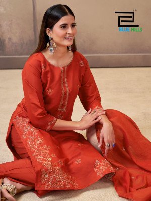 Blue Hills Hiba Roman Silk Heavy Enbroidery Chanderi Catalogue Wholesale Rate  readymade suit catalogs