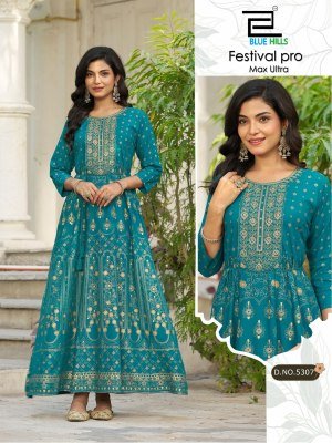Blue Hulls Festival Pro Max Ultra Rayon Anarkali Gown with Belt (M–10XL) fancy Anarkali suit catalogs