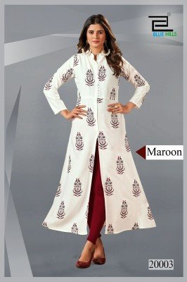 Blue hills by Calendar vol 20 fancy reyon printed front slit kurti catalogue at low rate kurtis catalogs