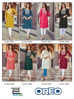 Blue hills by Oreo reyon foil print embroidered kurti catalogue at low rate kurtis catalogs