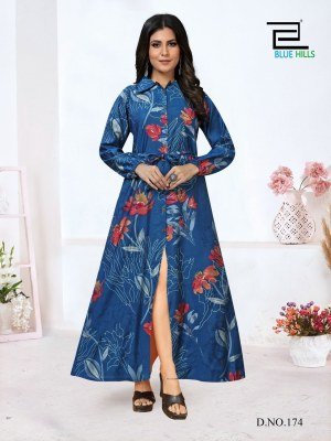 Blue hills by rochelle vol 5 modal chanderi print gown style printed kurti catalog at wholsale rate kurtis catalogs