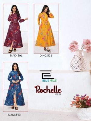 Blue hills by rochelle vol 5 modal chanderi print gown style printed kurti catalog at wholsale rate kurtis catalogs