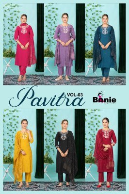  Bonie Pavitra Vol 3 Kurti Pant Dupatta Set  PV Fancy Fabric with Heavy Embroidery And Handwork Product Wholesale kurti pant with dupatta Catalogs