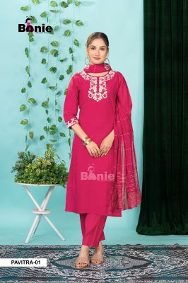  Bonie Pavitra Vol 3 Kurti Pant Dupatta Set  PV Fancy Fabric with Heavy Embroidery And Handwork Product Wholesale kurti pant with dupatta Catalogs