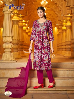 Bonie by Alia 8 heavy reyon prosium printed kurti pant and dupatta catalogue at low rate readymade suit catalogs