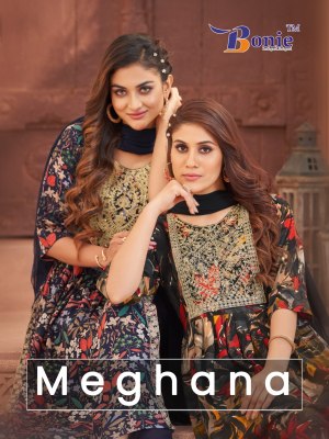 Bonie by Meghana vol 1 rayon mill printed nyra cut kurti pant and dupatta catalogue at low rate boine