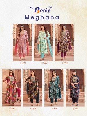 Bonie by Meghana vol 1 rayon mill printed nyra cut kurti pant and dupatta catalogue at low rate readymade suit catalogs