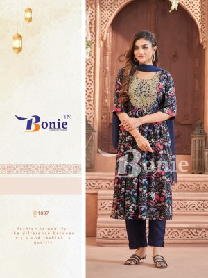 Bonie by Meghana vol 1 rayon mill printed nyra cut kurti pant and dupatta catalogue at low rate readymade suit catalogs