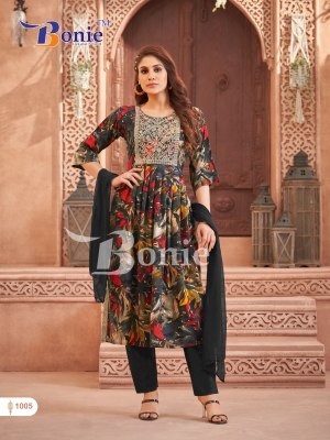 Bonie by Meghana vol 1 rayon mill printed nyra cut kurti pant and dupatta catalogue at low rate readymade suit catalogs